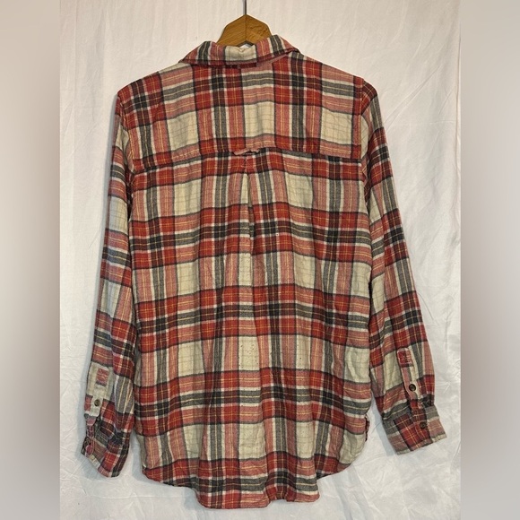 American Eagle Women Boyfriend Fit Long Sleeve Orange/Cream Plaid Flannel Large - Picture 4 of 11